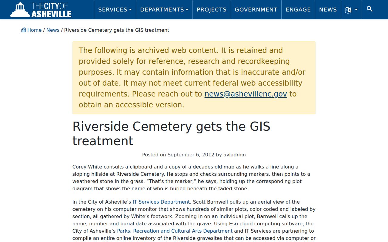 Asheville previous residents Riverside Cemetery GIS research project