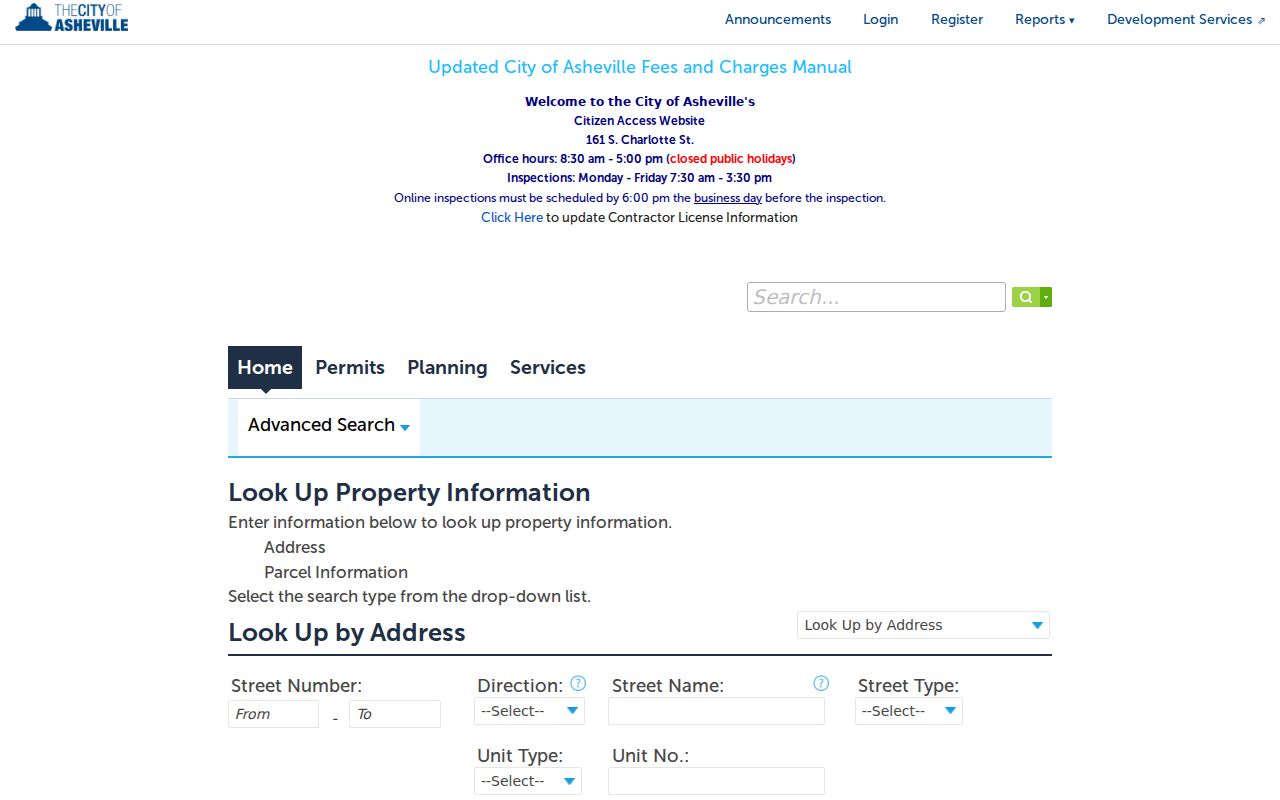 Asheville street directory City permit address and parcel lookup